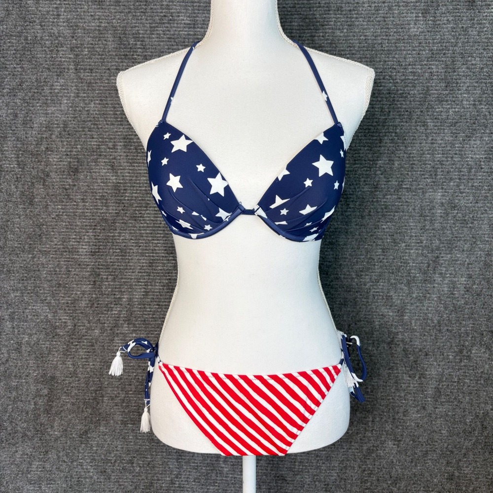 Adore Me Patriotic Stars and Stripes Bikini Set Blue Red White 34C Medium
